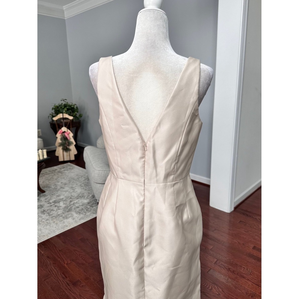 Alfred Sung Beige Champagne Satin‎ Plunge Gown Dress with Pockets Size 8 - Picture 5 of 11